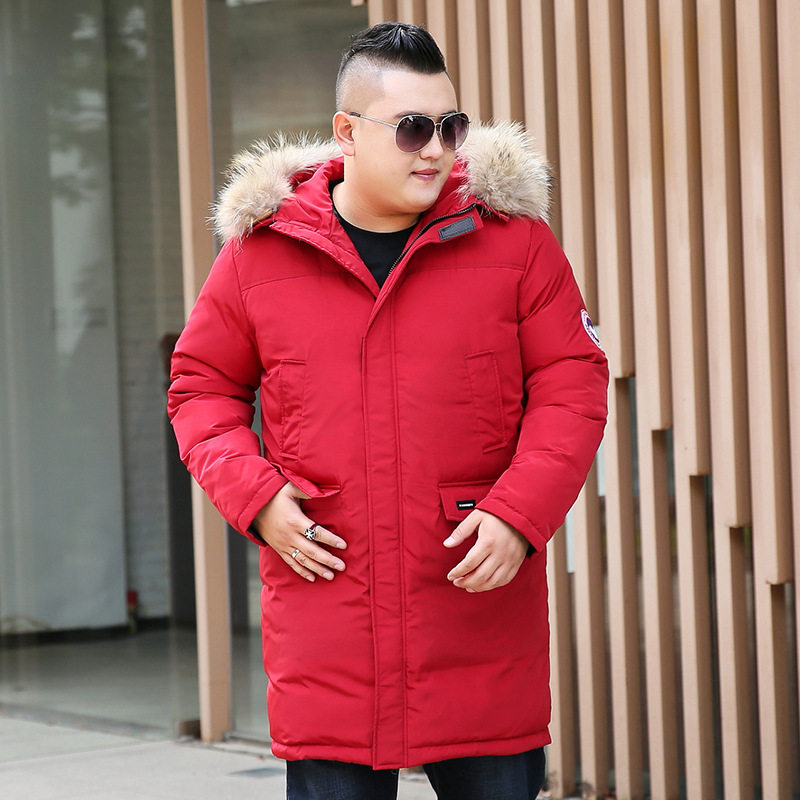 高端男装新款男肥加大码大红羽绒服24冬季中长款连帽红色羽绒外套