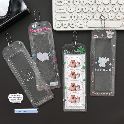 ins透明闪粉韩娱人生四格卡套挂件卡通印花钥匙链大头贴收纳袋