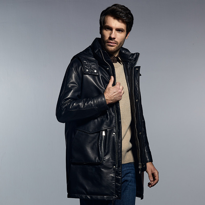 2024冬季新款男士真皮羽绒服欧美时尚潮流中长款连帽保暖白鸭绒男