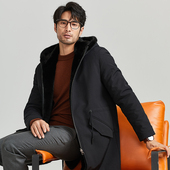 进口小母貂水貂皮草外套两面穿貂皮大衣男中长款 2024冬季 新款 连帽