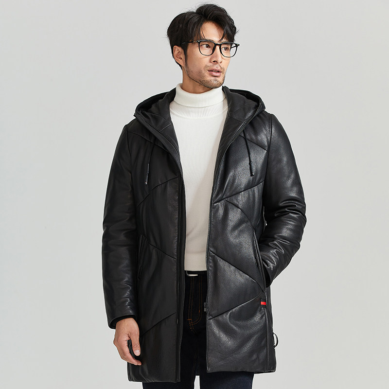 海宁冬季新款男士真皮羽绒服中长款白鸭绒连帽加厚保暖绵羊皮外套