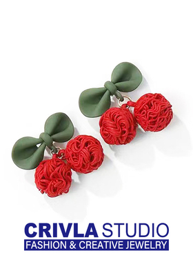 CRIVLA春夏款可爱樱桃造型耳钉气质设计耳饰品红色S925银针耳环