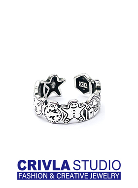 CRIVLAQ风姜饼人925纯银戒指ins学生男女搭配漫画风ins风冷淡指环