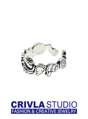 CRIVLA涂鸦卡通人物戒指女小众设计感复古时尚网红个性开口食指环