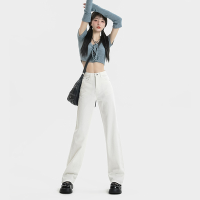 RNBN白色宽松直筒拖地牛仔裤