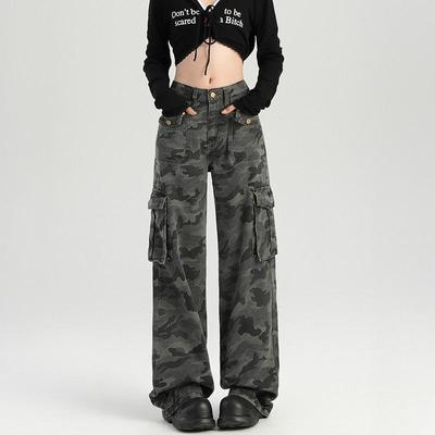 休闲阔腿迷彩拖地裤子美式复古