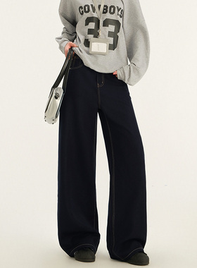 RNBN三代升级面料深蓝高腰牛仔裤女新款宽松加绒直筒休闲长裤子