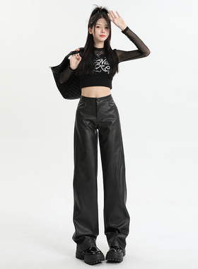 RNBN新款复古黑色PU皮休闲裤女高腰宽松显瘦百搭直筒阔腿拖地长裤