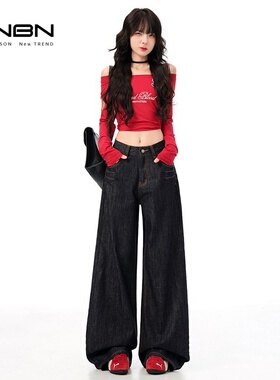 【蜜蜂欢乐社】RNBN新款深蓝色绣花垂感阔腿裤加绒宽松直筒牛仔裤