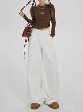 RNBN白色阔腿牛仔裤女春秋季宽松显瘦垂感裤褶皱直筒裤子