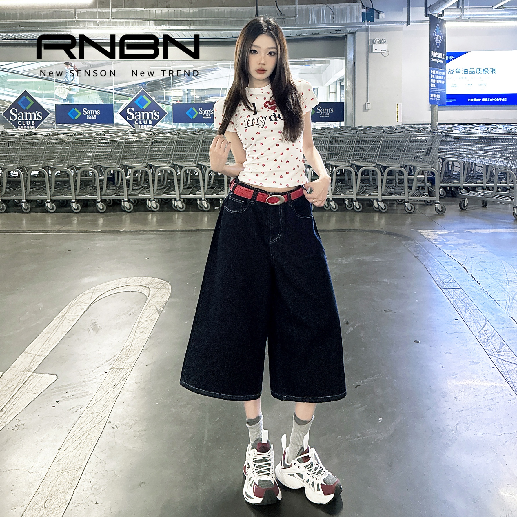 【吴优推荐】RNBN新款丹宁蓝七分裤女时尚潮流设计百搭休闲裤