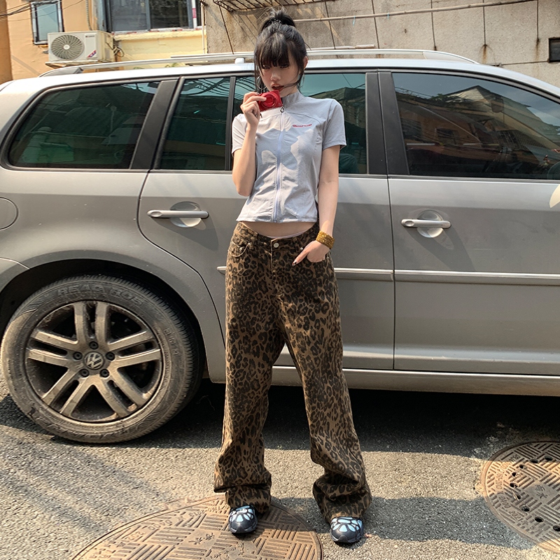 RNBN休闲长裤豹纹直筒阔腿牛仔裤