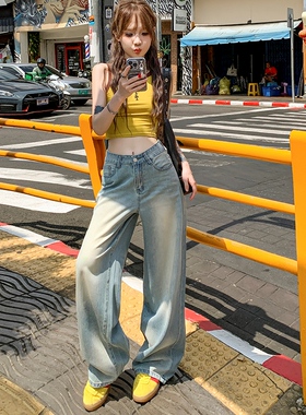 RNBN美式复古磨白做旧阔腿裤春秋中腰宽松百搭显瘦拖地牛仔裤女