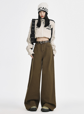 RNBN秋冬休闲直筒牛仔裤女高腰宽松显瘦垂感阔腿拖地长裤子