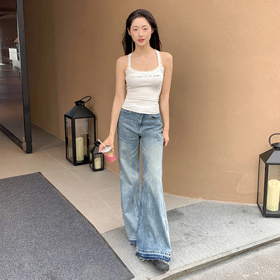 RNBN蓝色毛边微喇牛仔裤女