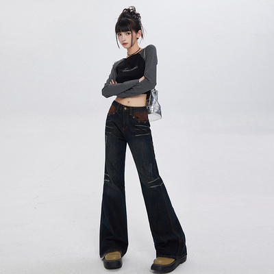 RNBN美式复古低腰微喇阔腿牛仔裤