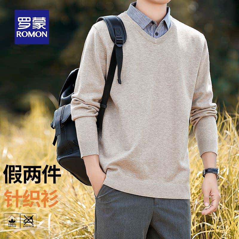罗蒙假两件毛衣男士秋季款加绒修身商务衬衫领针织衫拼接v领线衣