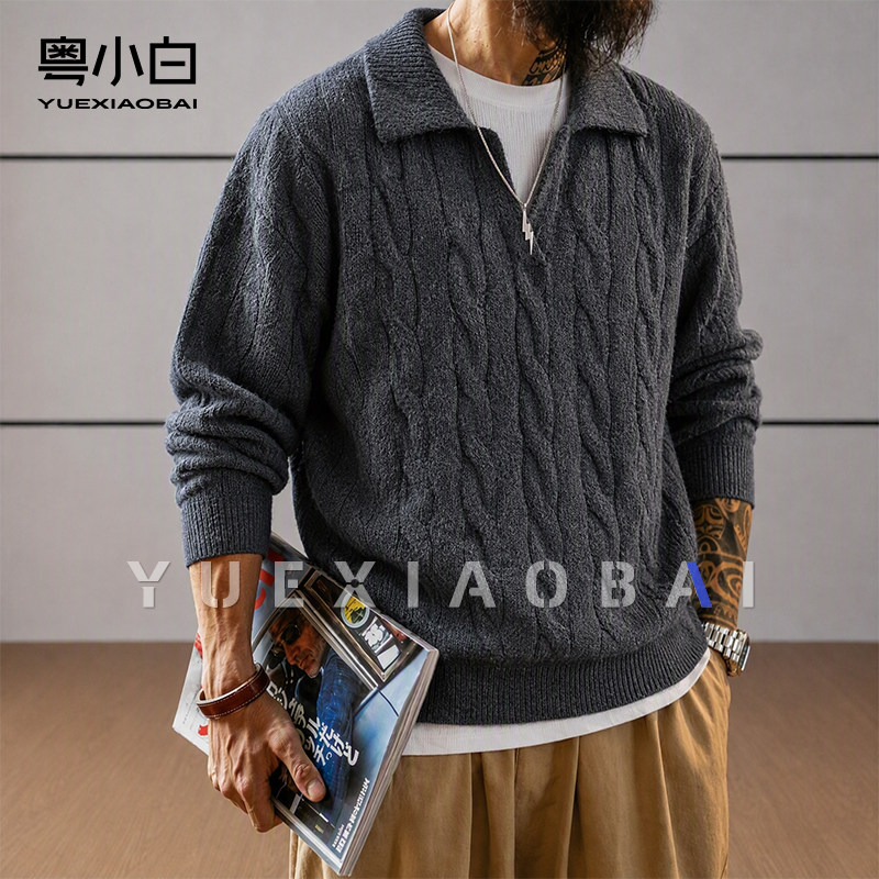 老钱风假两件翻领毛衣男款2026秋冬季新款慵懒麻花保暖羊毛针织衫