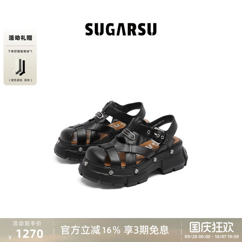 SUGARSU酥履 夏季新款复古夏日镂空猪笼增高罗马厚底凉鞋女