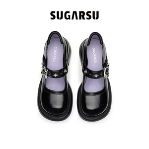 SugarSu 23夏季新款设计师黑色玛丽珍甜酷松糕浅口真皮厚底单鞋女