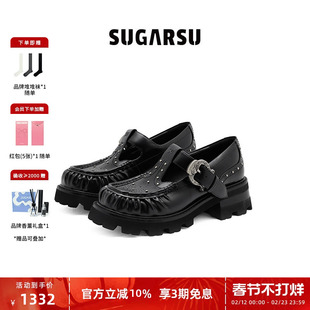 SUGARSU 酥履26年春季新款复古牛皮休闲褶皱鸢尾花扣玛丽珍女单鞋