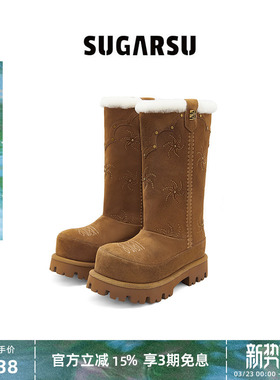 SUGARSU酥履 秋冬新款加绒毛毛户外厚底保暖鞋长筒雪地棉靴女