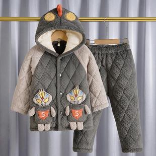 男童睡衣冬季加厚款三层夹棉加厚中长款小孩卡通奥特曼儿童家居服