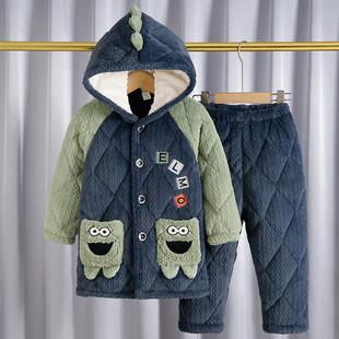 男童冬季睡衣24新款加绒加厚宝宝小套装法兰绒卡通连帽儿童家居服