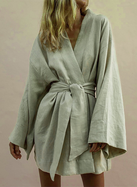 Long Sleeve Sashes Lace Up Dresses Women 2022 Spring Loose