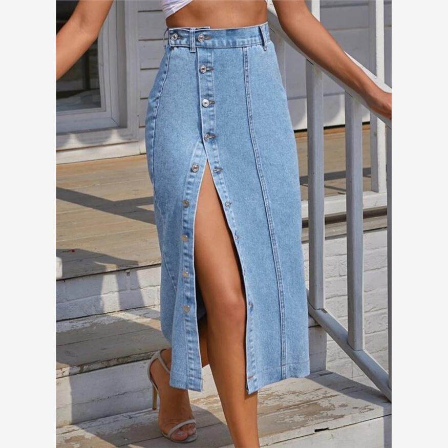 high waist slit button denim maxi dress 高腰开叉纽扣牛仔长裙
