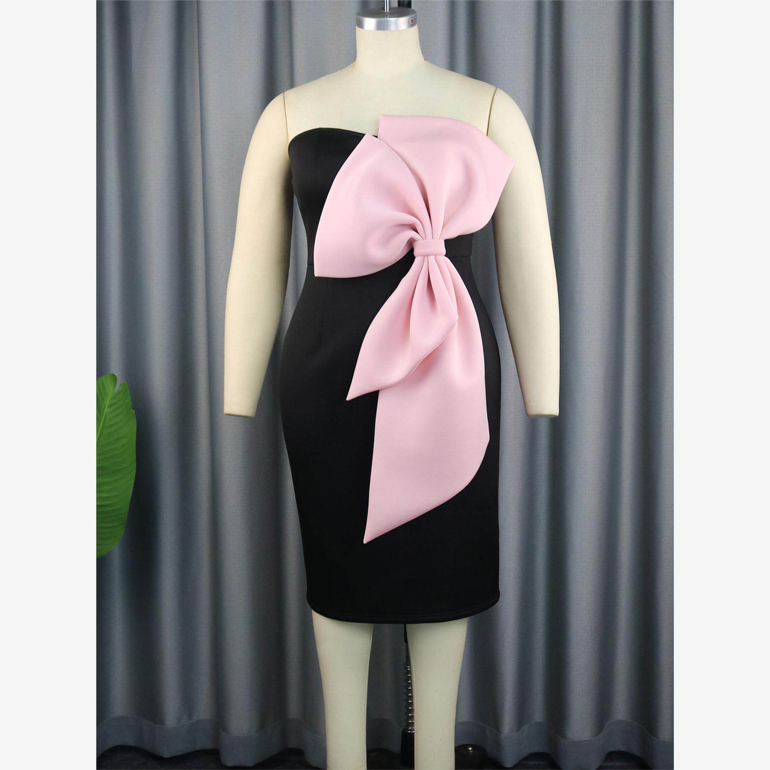 欧美大码性感抹胸撞色蝴蝶结礼服裙 Sexy Party Dress Women 4XL