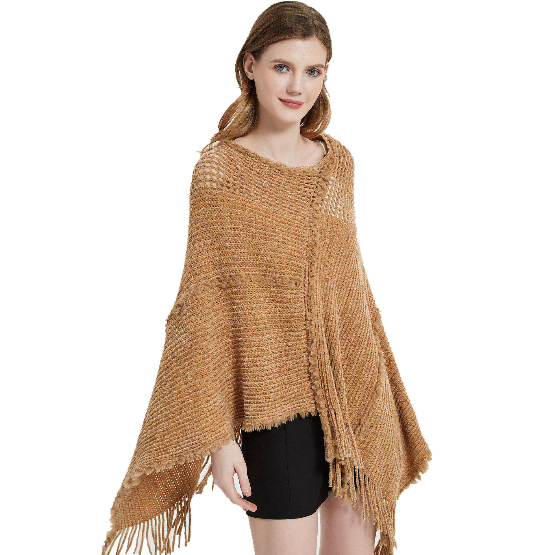 Women INS Turtleneck Bat Knit Solid Color Hollow Knit Shawl