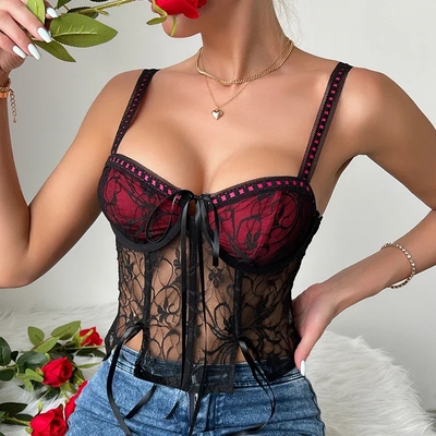 Women Bustier Corset Spaghetti Strap Crop Top Vintage Mesh
