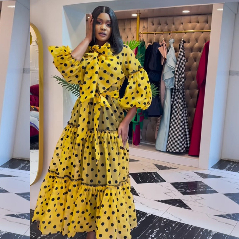 2022欧美大码波点长款连衣裙Plus Size Yellow Girls Dress Women