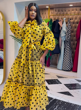 2022欧美大码波点长款连衣裙Plus Size Yellow Girls Dress Women
