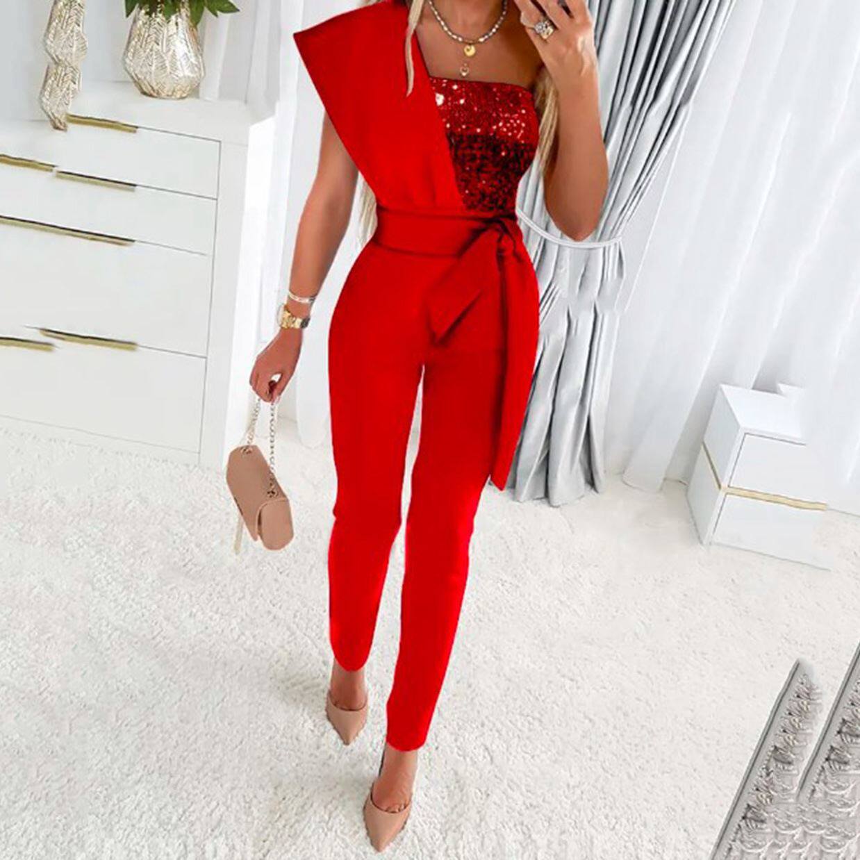 Women casual sequin jumpsuit无袖腰带连体裤修身拼接珠片女长裤