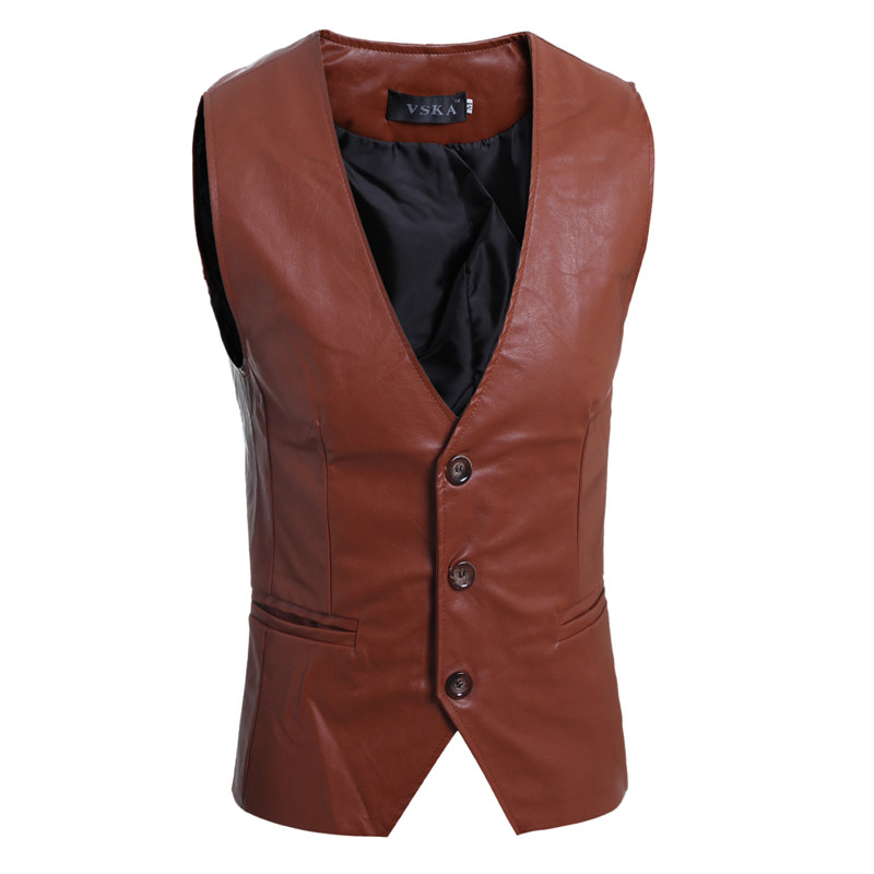 秋冬新款男士英伦风修身水洗压纹PU皮西装马甲man leather vest