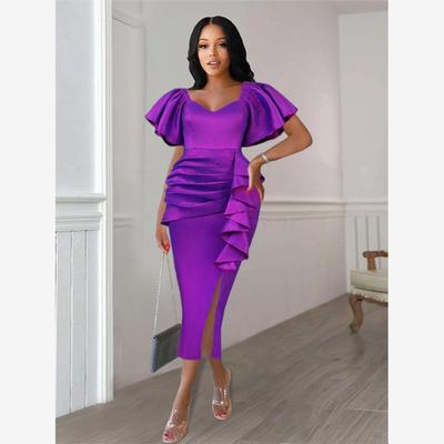 欧美大码方领优雅荷叶边褶皱连衣裙Plus Size Purple Dress Women