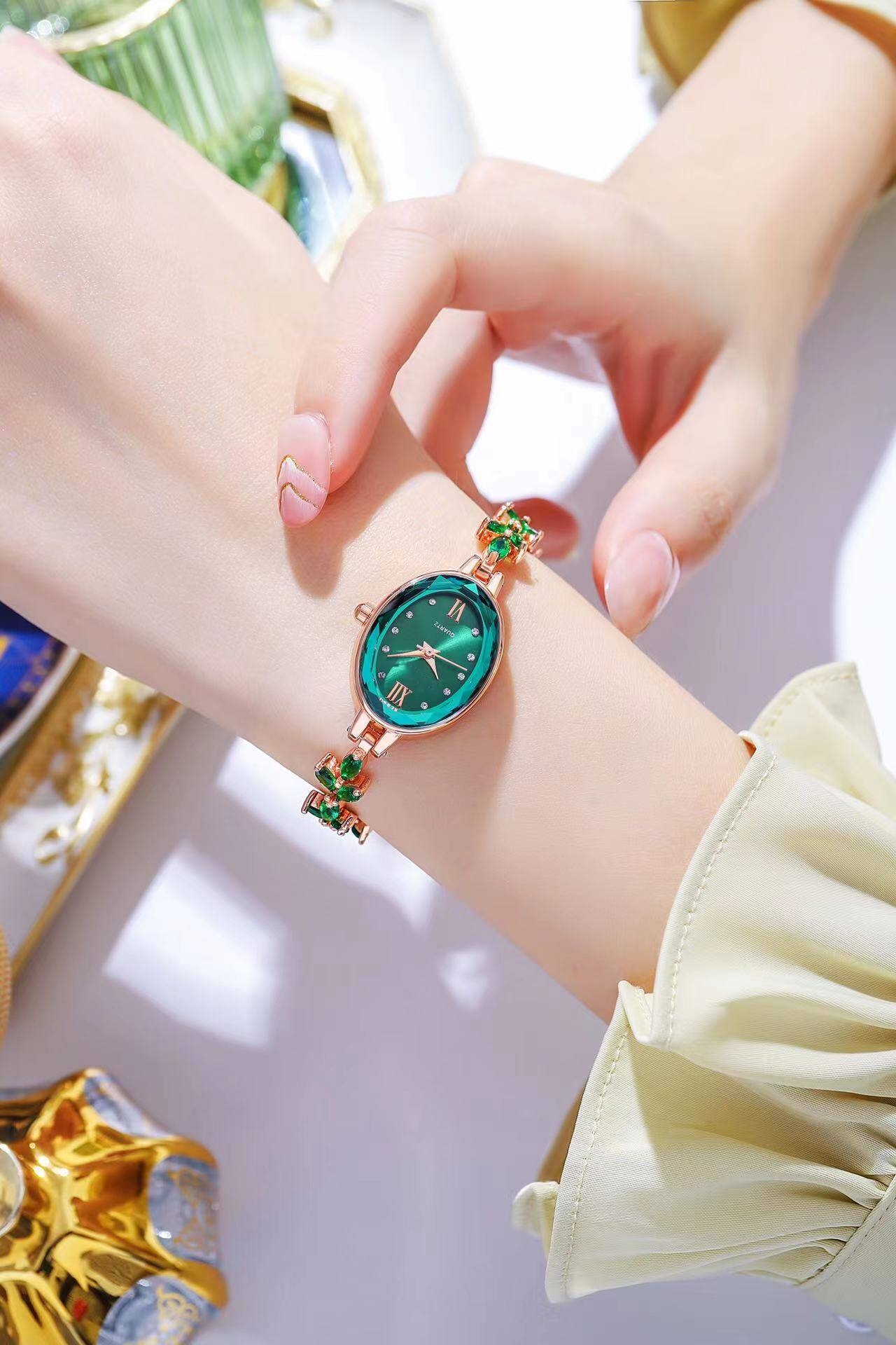 金镶玉青提手表女奢华珠宝扣简约