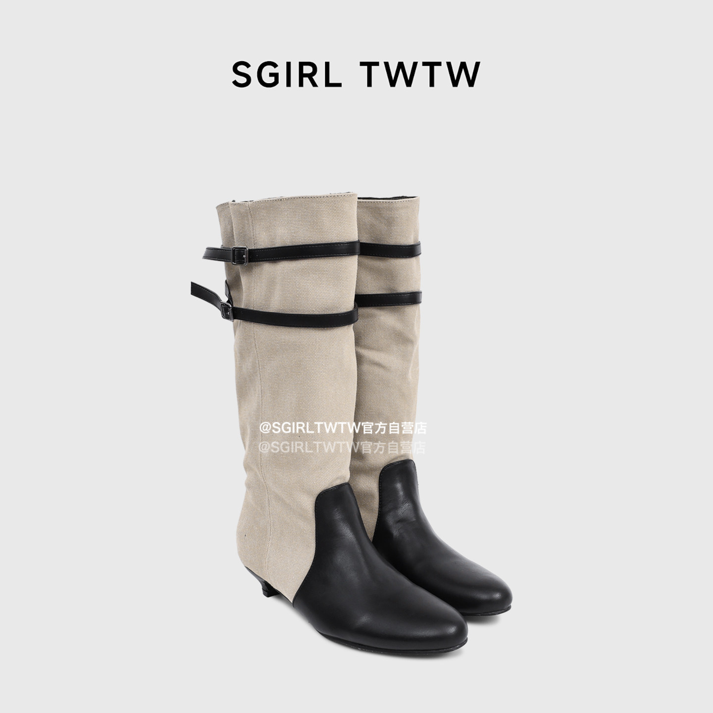 SGIRL TWTW韩版双皮带扣堆堆靴女2026新款黑色圆头骑士靴显瘦长靴