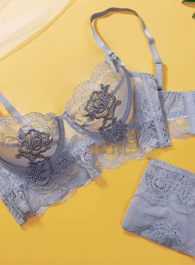 聚拢内衣女薄性感蕾丝刺绣无海绵胸罩上托防露点文胸套装大胸显小