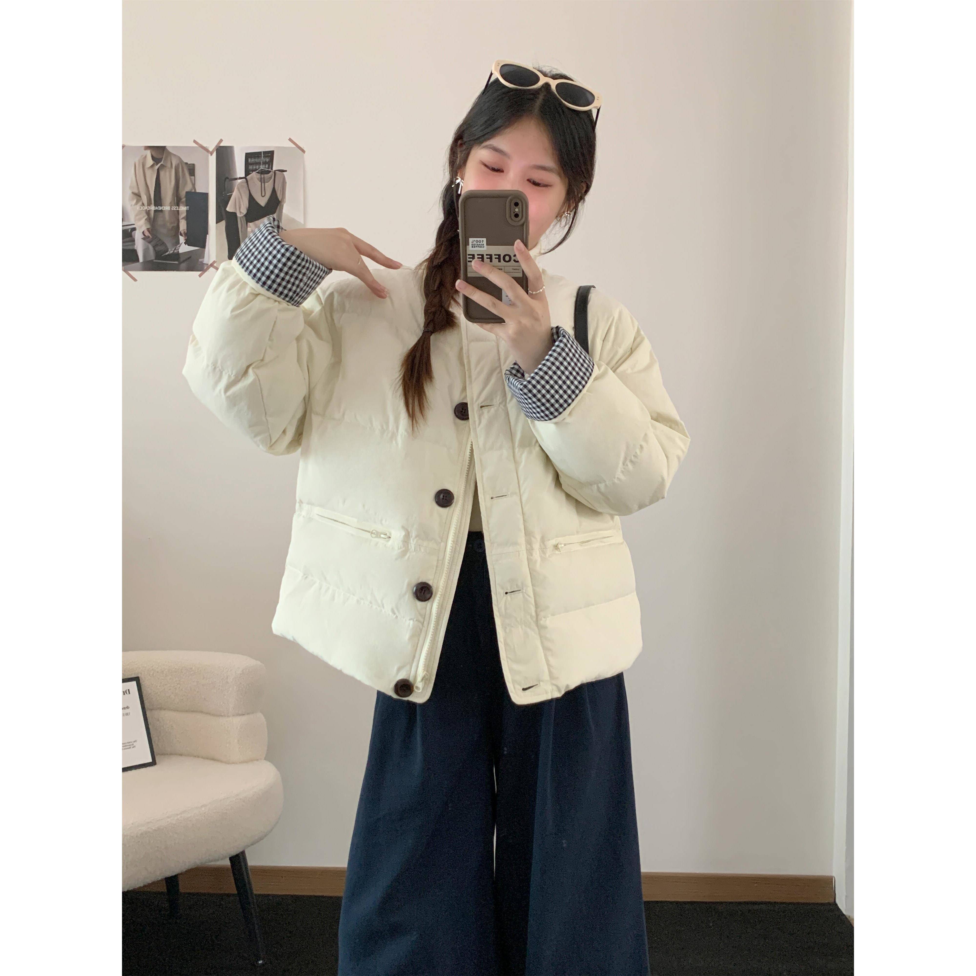 韩版格纹小翻袖羽绒服女2025冬新款短款羽绒服女小圆领白鸭绒外套