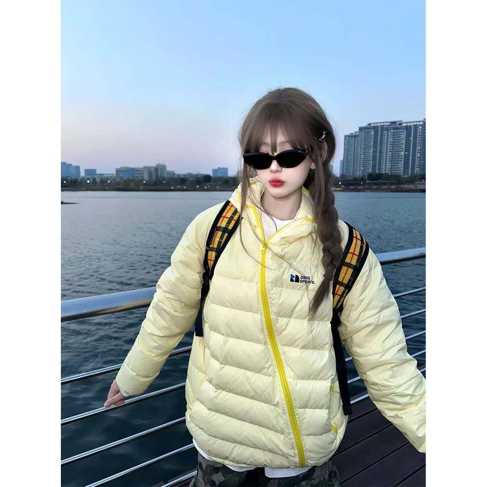 美式斜拉炼连帽排骨羽绒棉服女冬季2025新款加厚宽松保暖黄色棉衣