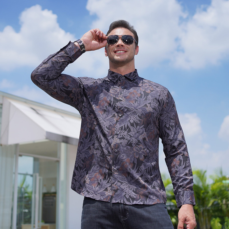 欧美数码印花大码男装长袖衬衫春秋新款胖哥加肥加大码