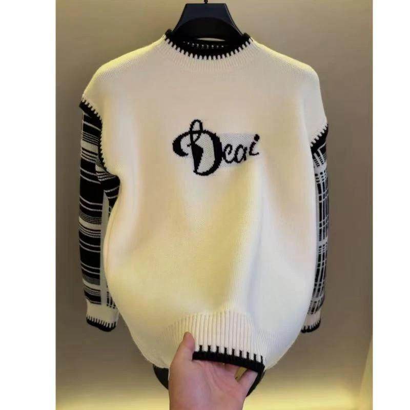 IT轻奢男士秋季高档圆领拼接提花毛衣保暖m时尚潮流内搭打底衫男