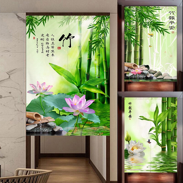 中式门帘隔断窗竹报平安布艺帘子卧室化妆室装饰挂帘免打孔遮挡帘
