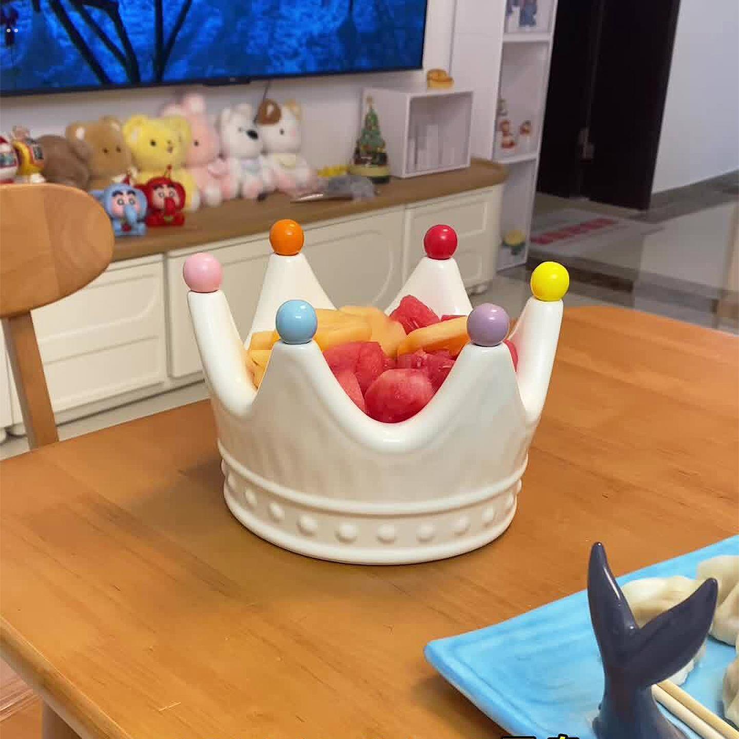 皇冠水果盘客厅家用果叉套装小巧精致果盘高颜值陶瓷桌面装饰摆饰