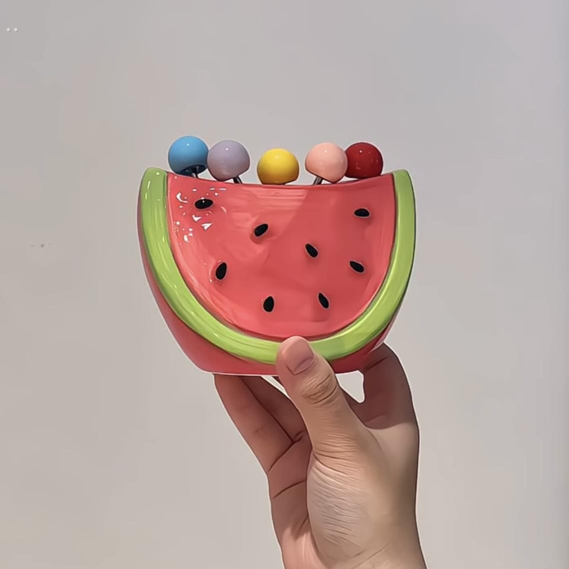 西瓜水果叉陶瓷套装家用不锈钢蛋糕甜品叉子创意桌面收纳摆件果叉