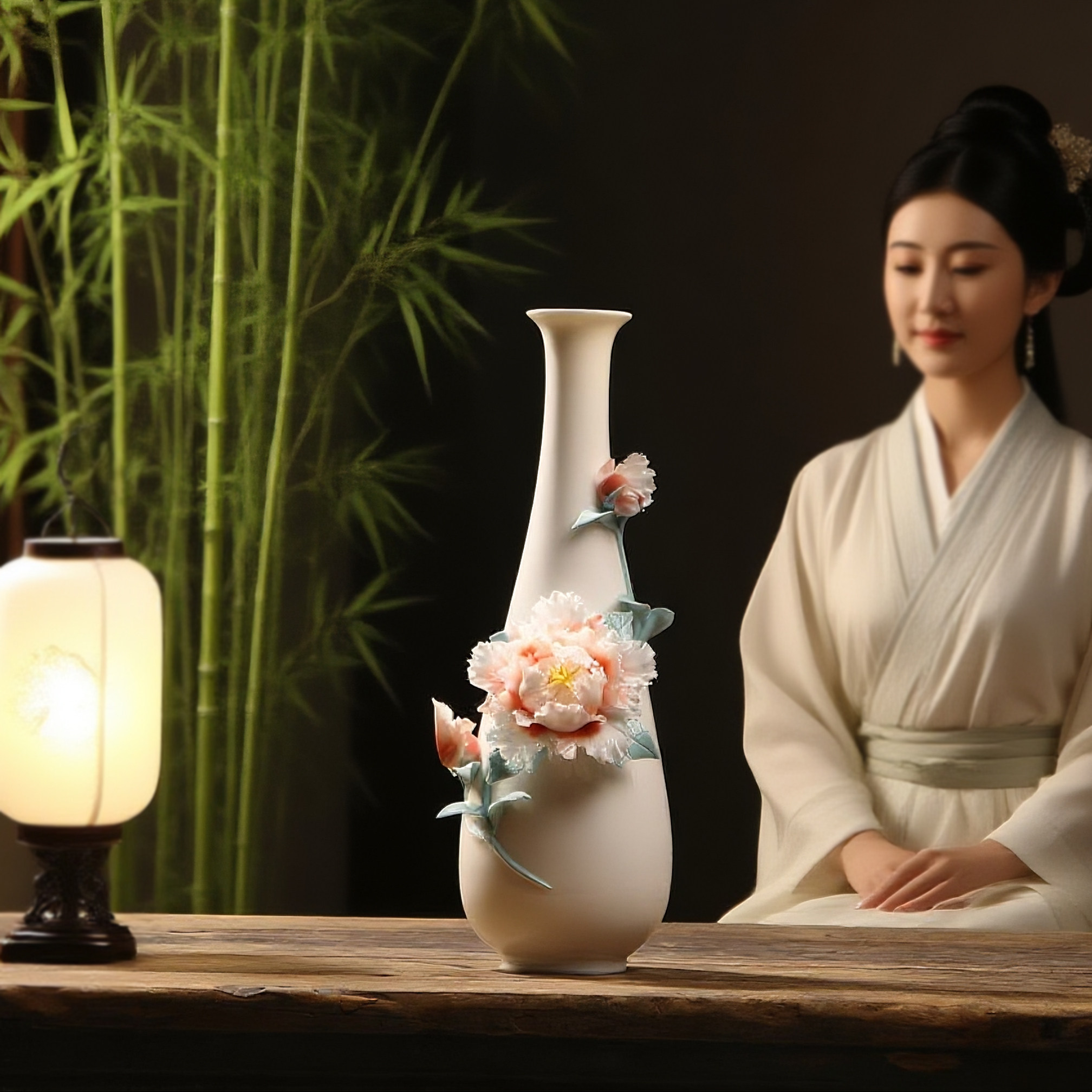 花瓶客厅瓷花净瓶插花高级感陶瓷白色民宿设计感艺术牡丹瓷器摆件