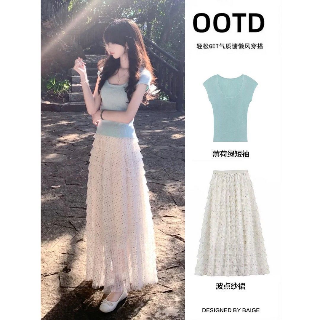 夏天漂亮波点半身裙套装女2026新款夏季小个子甜妹穿搭绝美长裙子